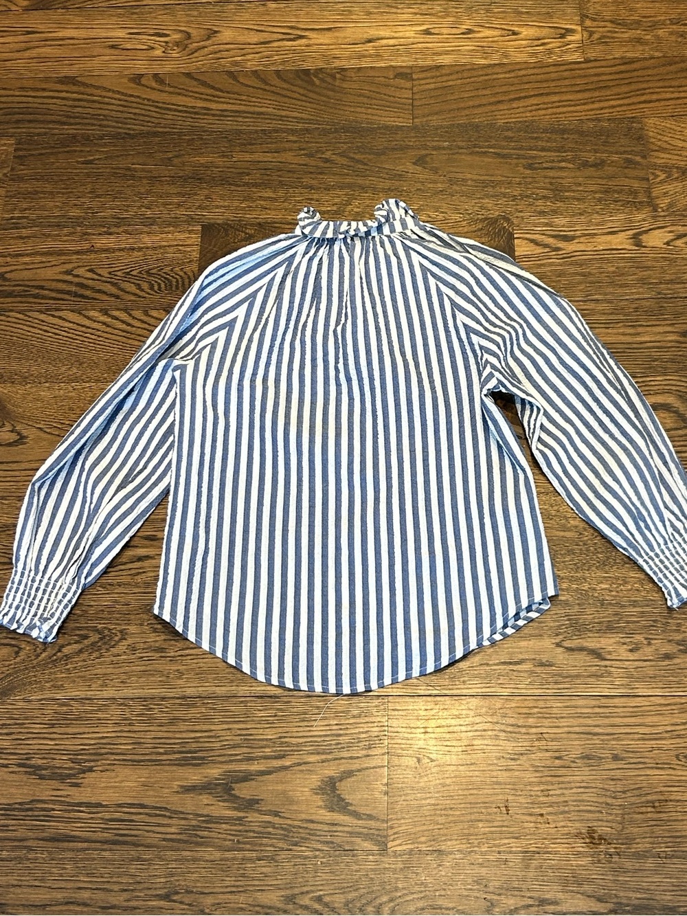 Veronica Beard Callista Blue and White Striped Ruffle Collar Button-Up Blouse - Picture 5 of 8